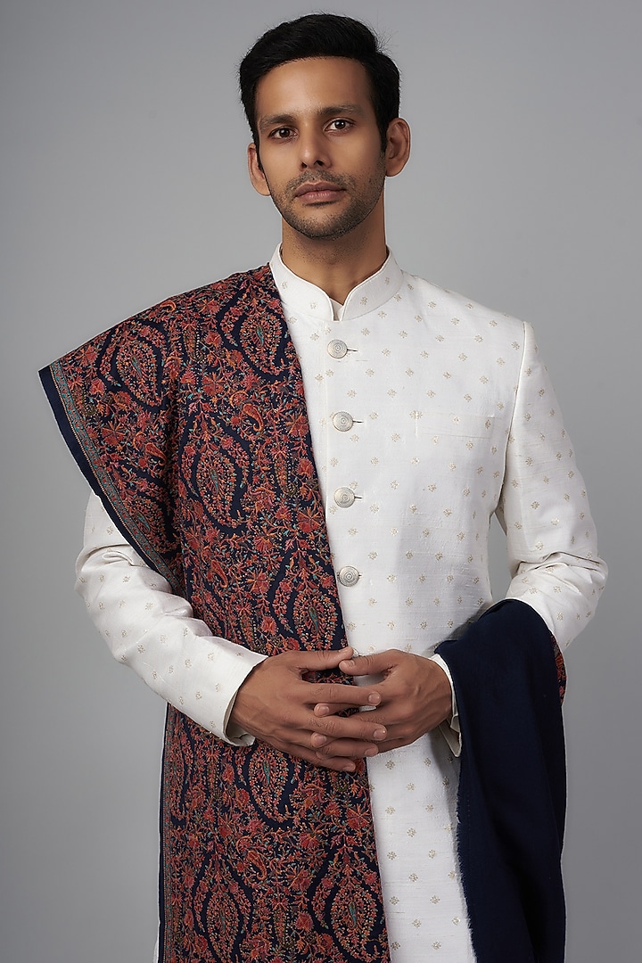Blue Pashmina Silk Embroidered Shawl by Qbik Men at Pernia's Pop Up Shop