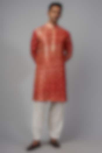 Red Bandhani Silk Kurta Set by Qbik Men