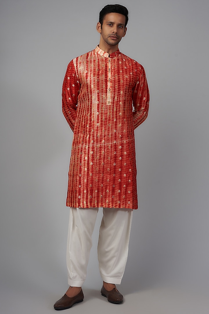 Red Bandhani Silk Kurta Set by Qbik Men