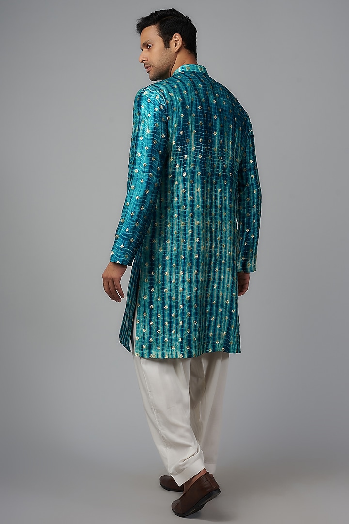 Teal Bandhani Silk Kurta Set by Qbik Men at Pernia's Pop Up Shop