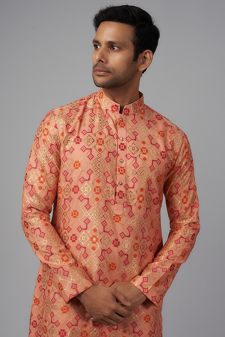 Coral Chanderi Kurta Set by Qbik Men at Pernia's Pop Up Shop