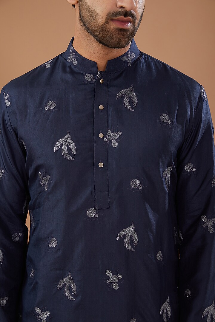 Navy Blue Chanderi Silk Zari Embroidered Kurta Set by Qbik Men at Pernia's Pop Up Shop