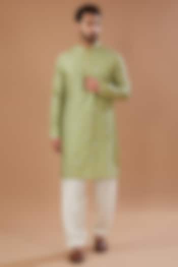 Mint Chanderi Silk Zari Embroidered Kurta Set by Qbik Men