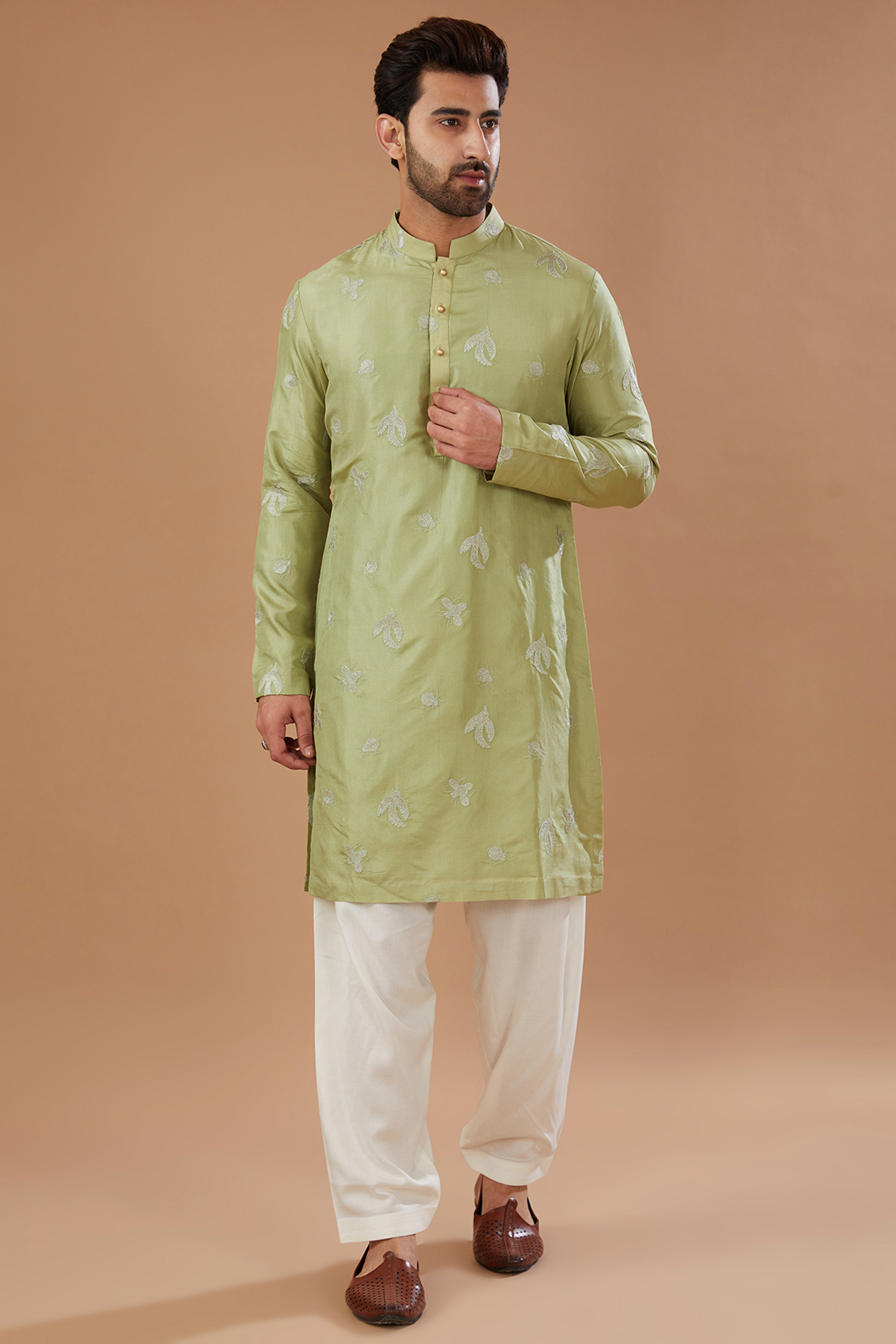 Mint Chanderi Silk Zari Embroidered Kurta Set by Qbik Men