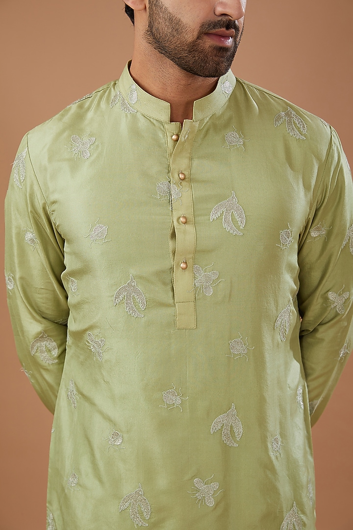 Mint Chanderi Silk Zari Embroidered Kurta Set by Qbik Men at Pernia's Pop Up Shop