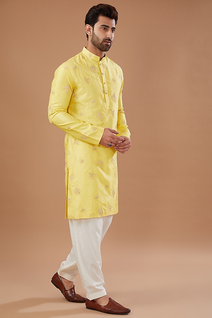 Yellow Chanderi Silk Zari Embroidered Kurta Set by Qbik Men