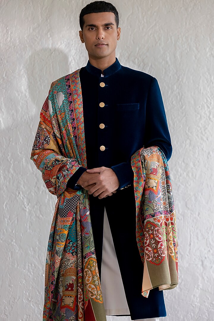 Teal Velvet Groom Sherwani Set by Qbik Men at Pernia's Pop Up Shop