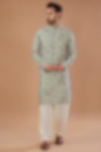 Mint Chanderi Silk Thread Embroidered Kurta Set by Qbik Men
