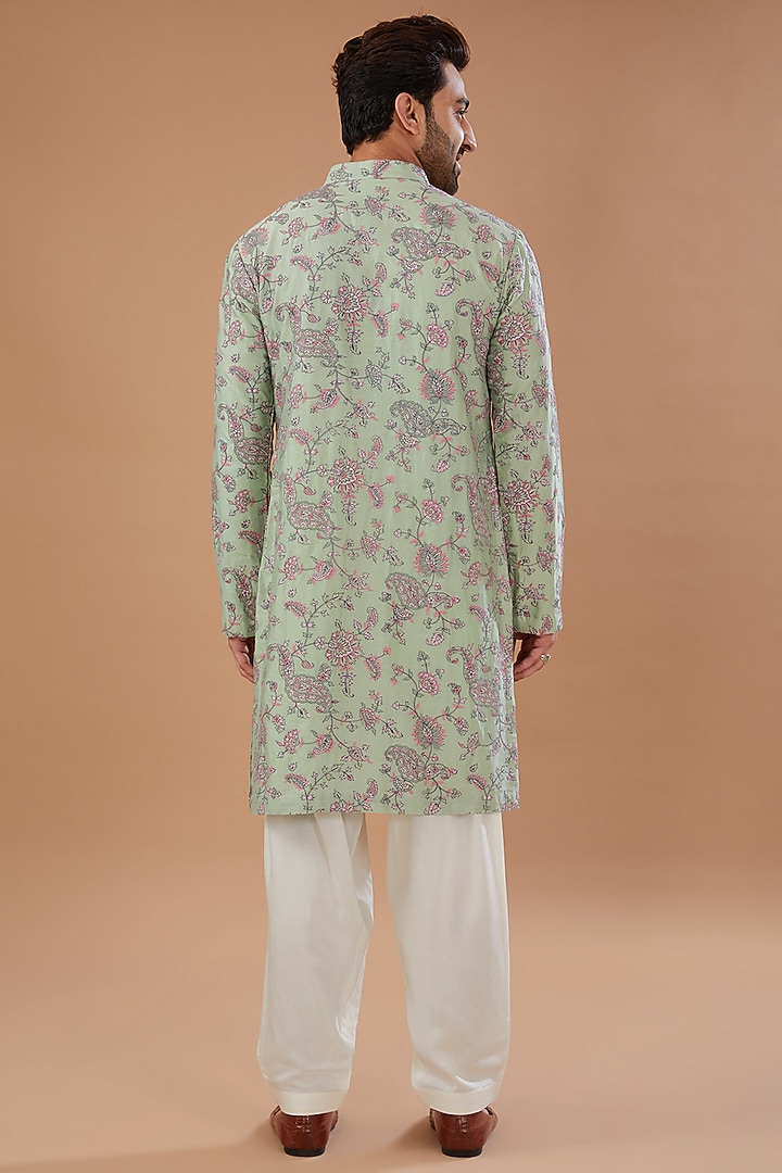 Mint Chanderi Silk Thread Embroidered Kurta Set by Qbik Men at Pernia's Pop Up Shop