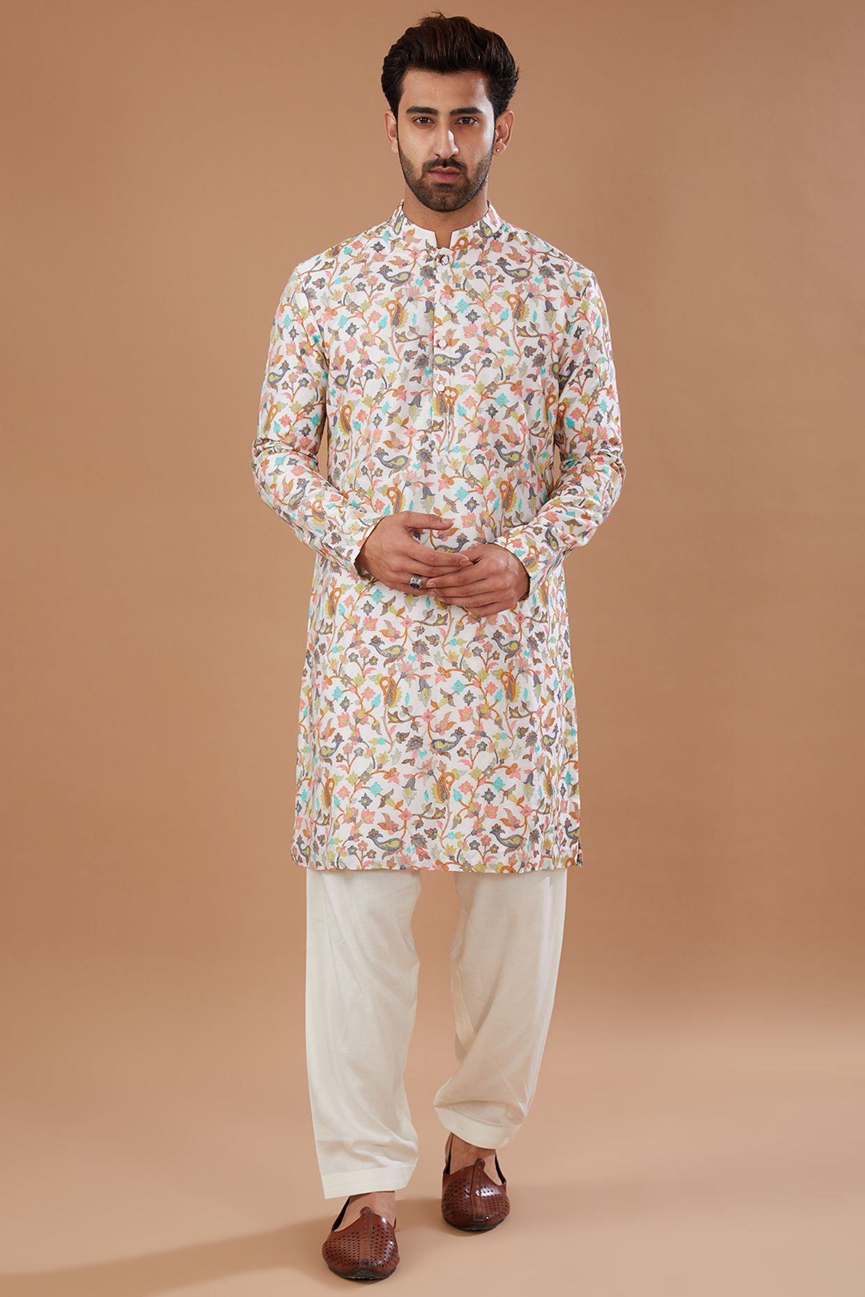 Multi-Colored Chanderi Silk Thread Embroidered Kurta Set by Qbik Men