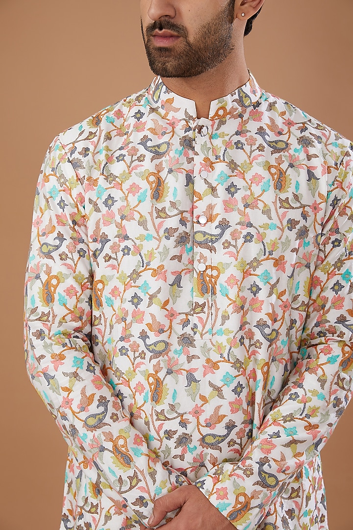 Multi-Colored Chanderi Silk Thread Embroidered Kurta Set by Qbik Men at Pernia's Pop Up Shop