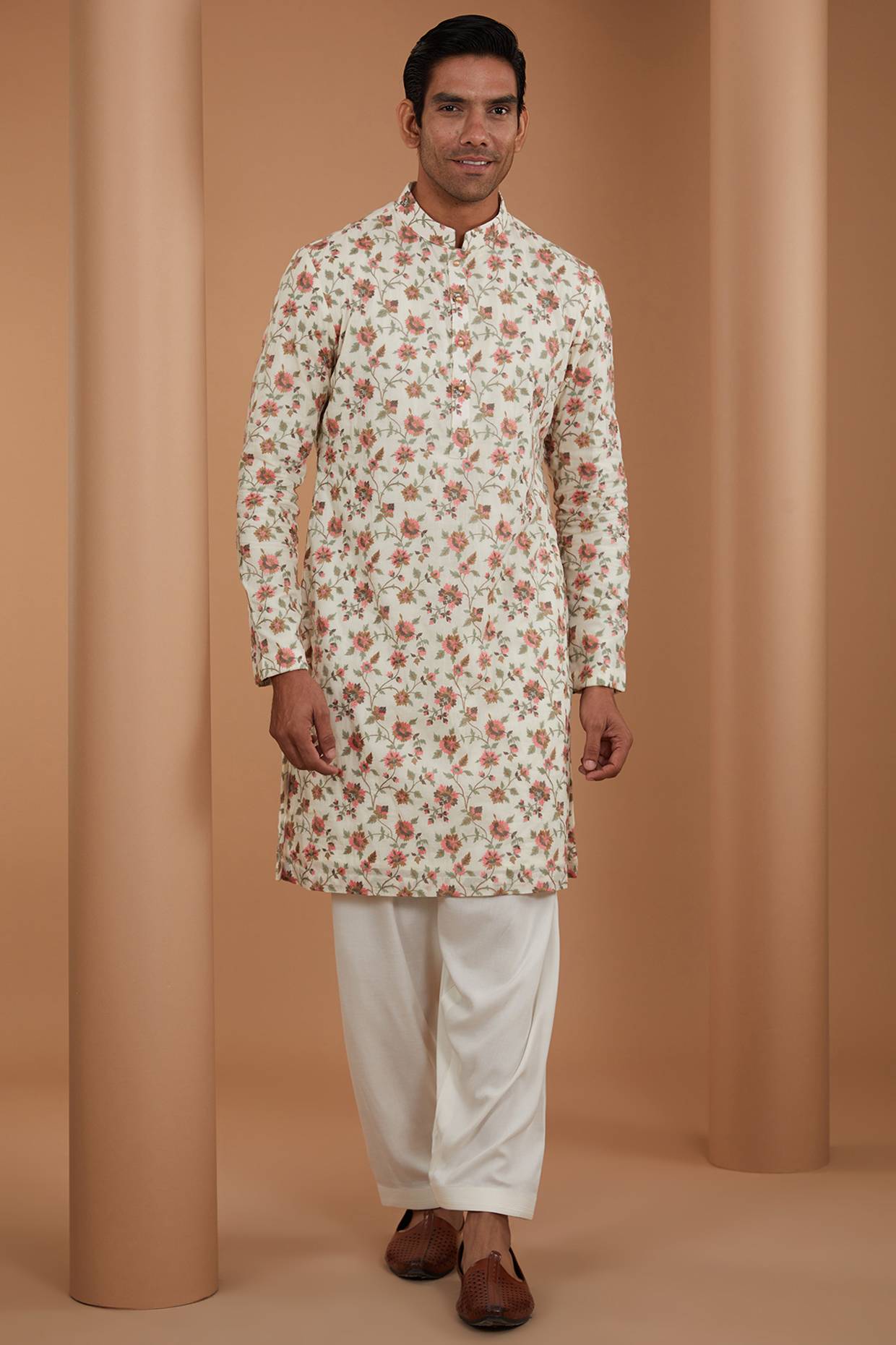 Ivory Cotton Viscose Floral Printed Kurta Set by Qbik Men