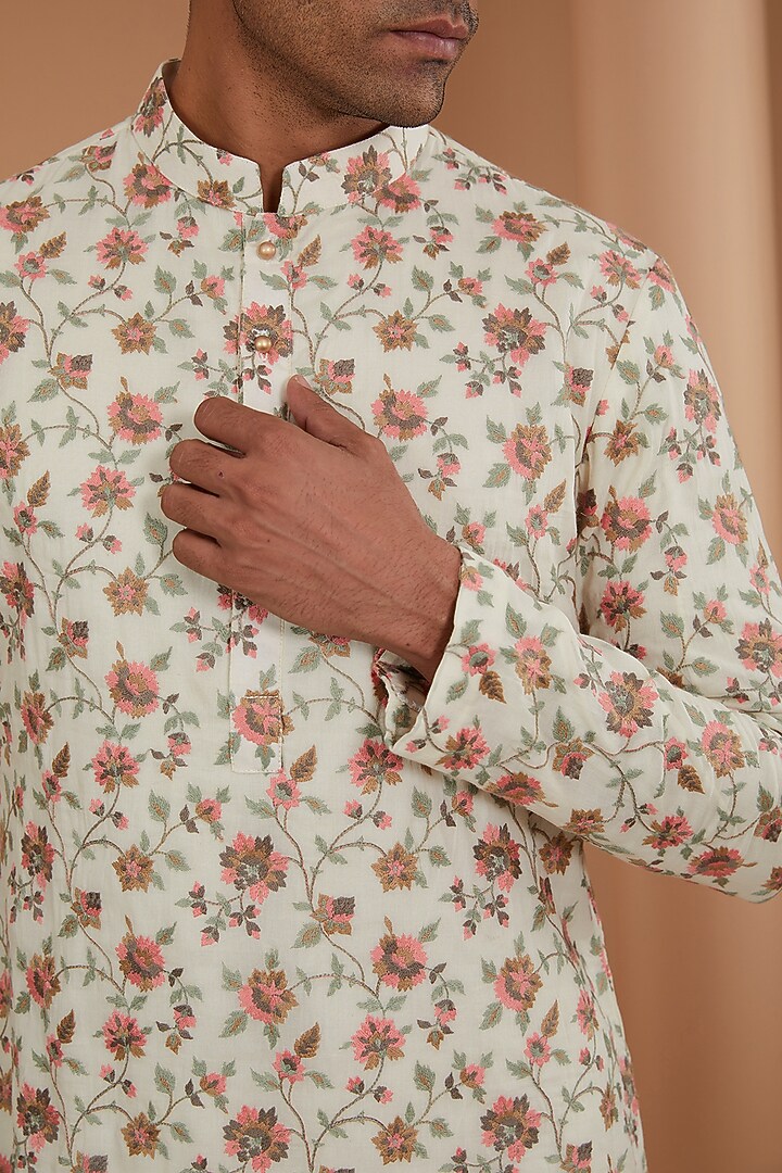Ivory Cotton Viscose Floral Printed Kurta Set by Qbik Men at Pernia's Pop Up Shop