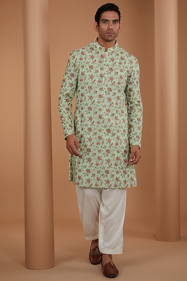 Green Cotton Viscose Floral Printed Kurta Set by Qbik Men