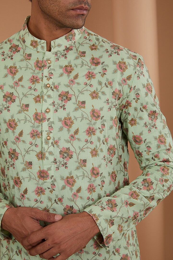 Green Cotton Viscose Floral Printed Kurta Set by Qbik Men at Pernia's Pop Up Shop