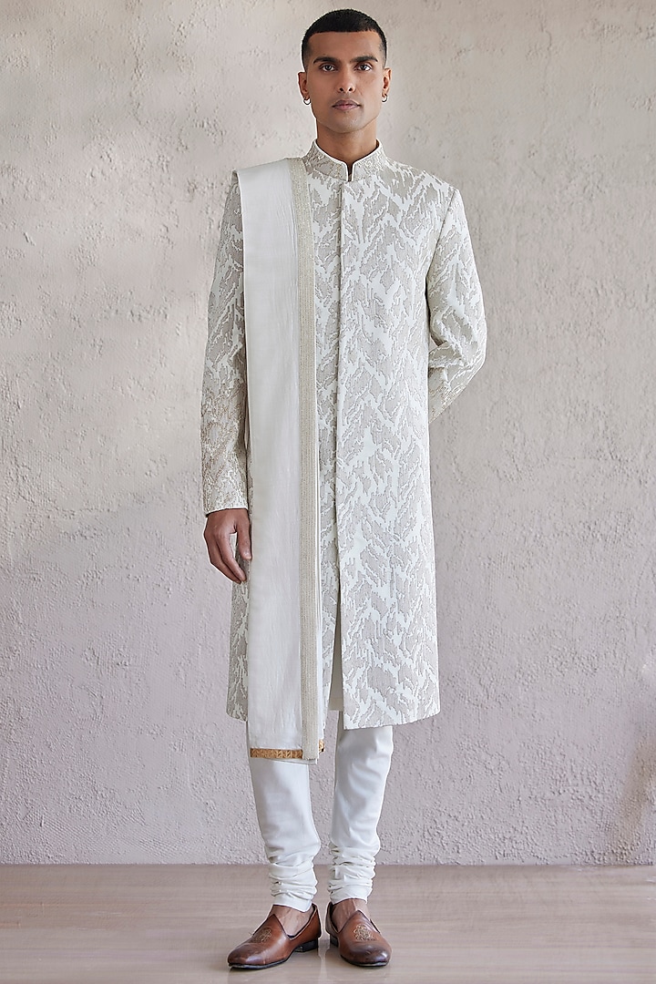 Ivory Bleach Moonga Embroidered Stole by Qbik Men