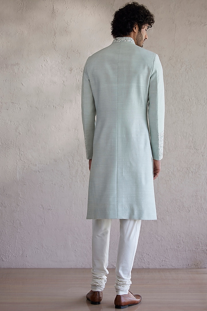 Mint Matka Silk Zari Embroidered Wedding Sherwani Set by Qbik Men at Pernia's Pop Up Shop
