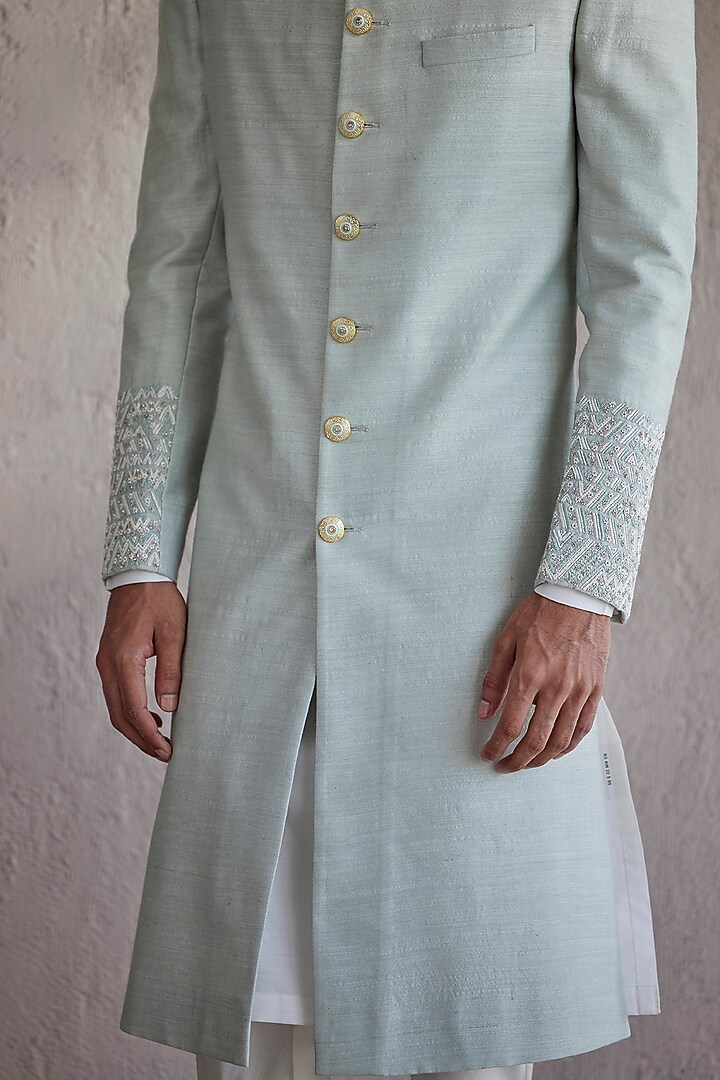 Mint Matka Silk Zari Embroidered Wedding Sherwani Set by Qbik Men at Pernia's Pop Up Shop