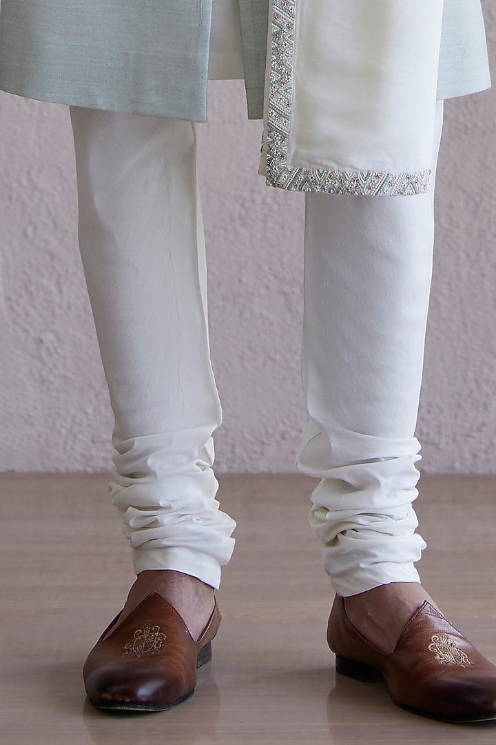 Mint Matka Silk Zari Embroidered Wedding Sherwani Set by Qbik Men at Pernia's Pop Up Shop