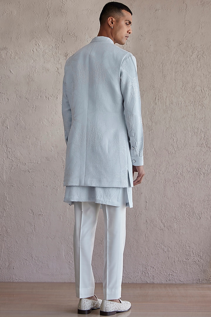Powder Blue Jacquard Front Open Wedding Indowestern Jacket Set by Qbik Men at Pernia's Pop Up Shop