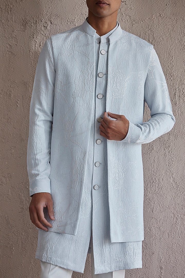 Powder Blue Jacquard Front Open Wedding Indowestern Jacket Set by Qbik Men at Pernia's Pop Up Shop
