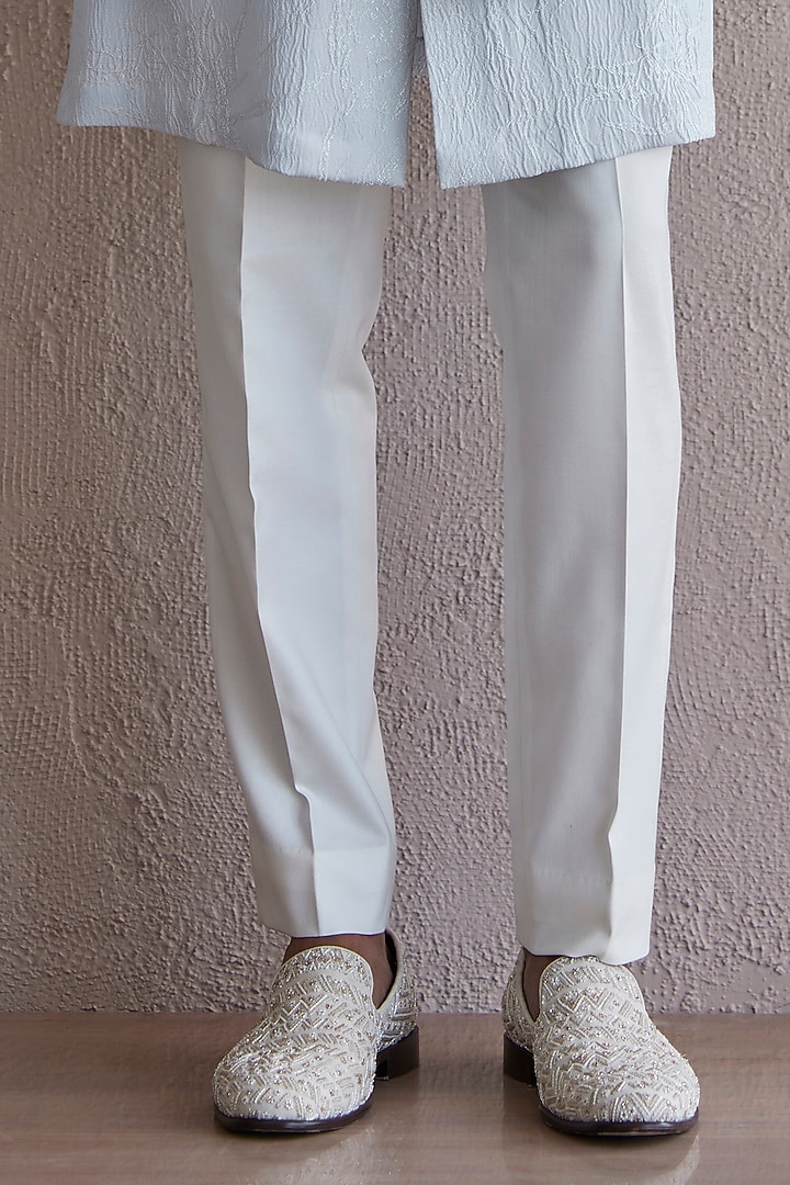 Powder Blue Jacquard Front Open Wedding Indowestern Jacket Set by Qbik Men at Pernia's Pop Up Shop