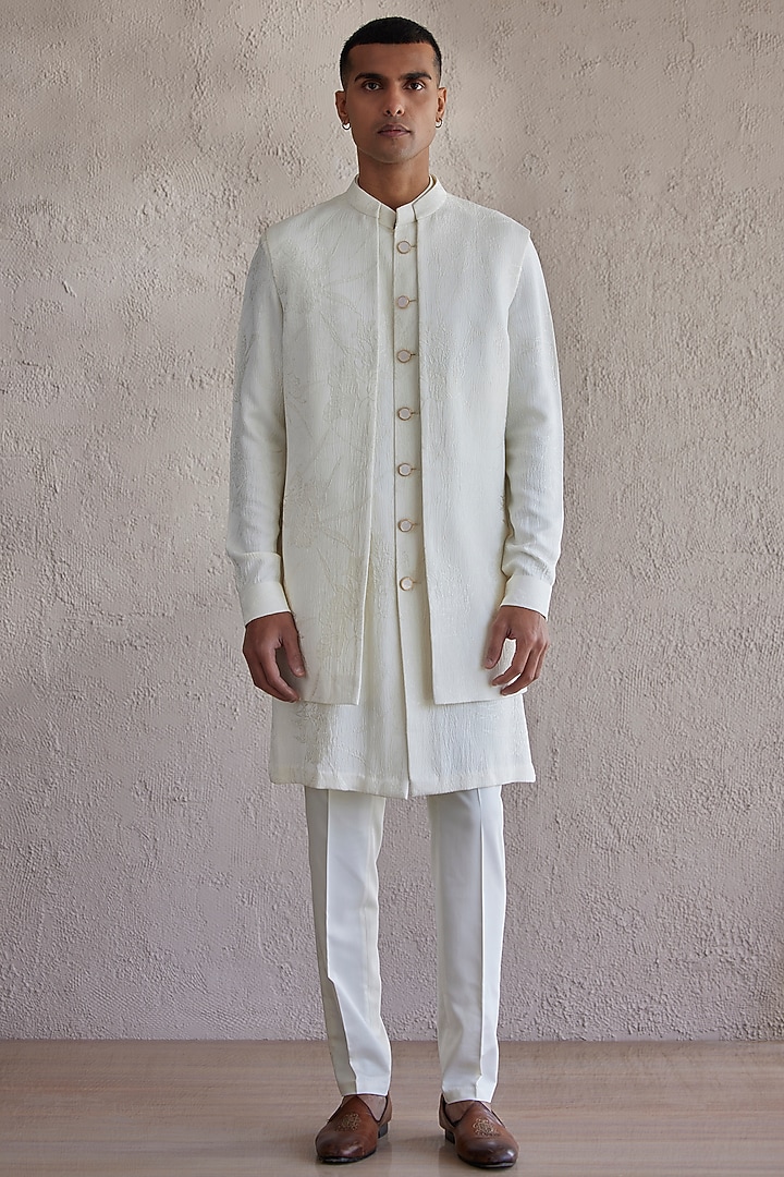 Ivory Jacquard Front Open Wedding Indowestern Jacket Set by Qbik Men at Pernia's Pop Up Shop