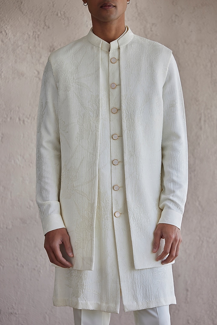 Ivory Jacquard Front Open Wedding Indowestern Jacket Set by Qbik Men at Pernia's Pop Up Shop