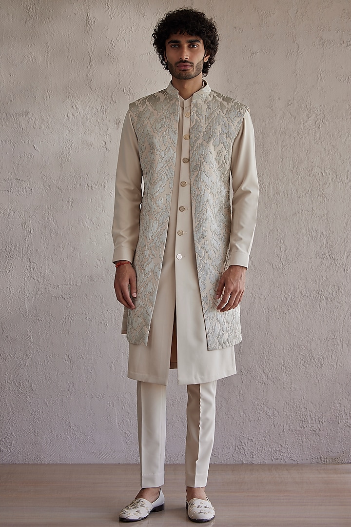 Blush Viscose Wool Embroidered Front Open Indowestern Jacket Set by Qbik Men