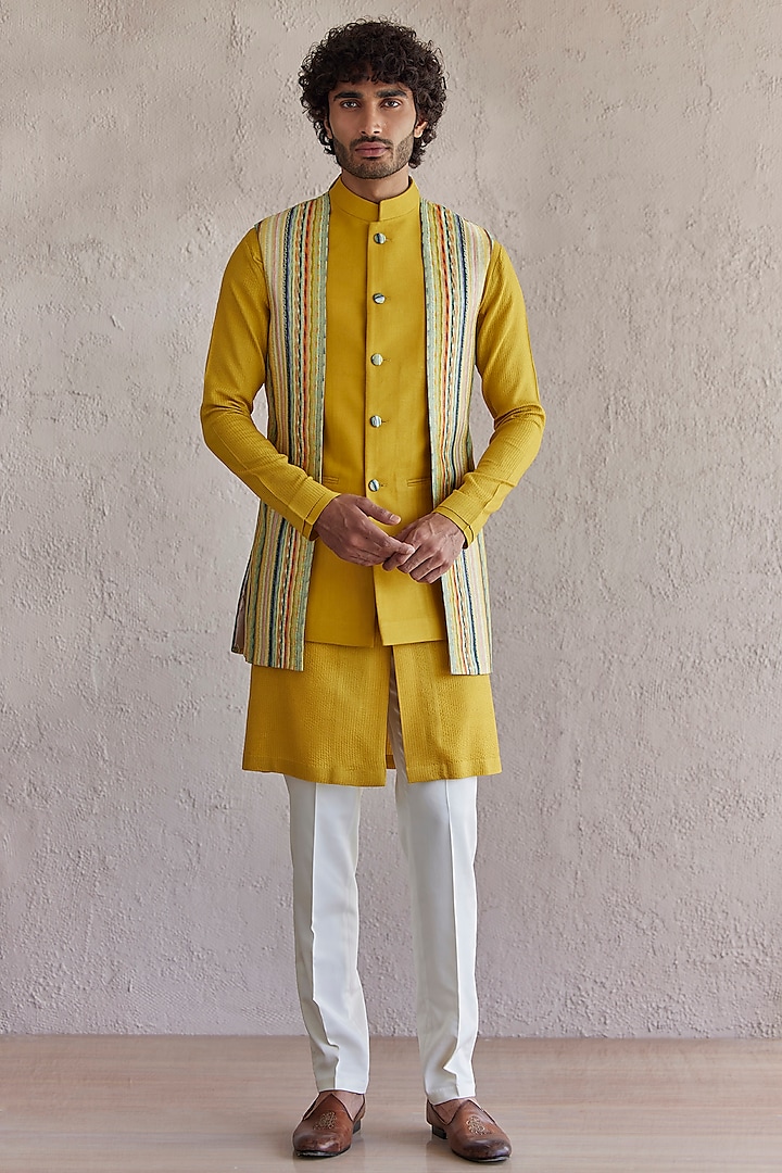 Mustard Cotton Matka Panelled Nehru Jacket Set by Qbik Men