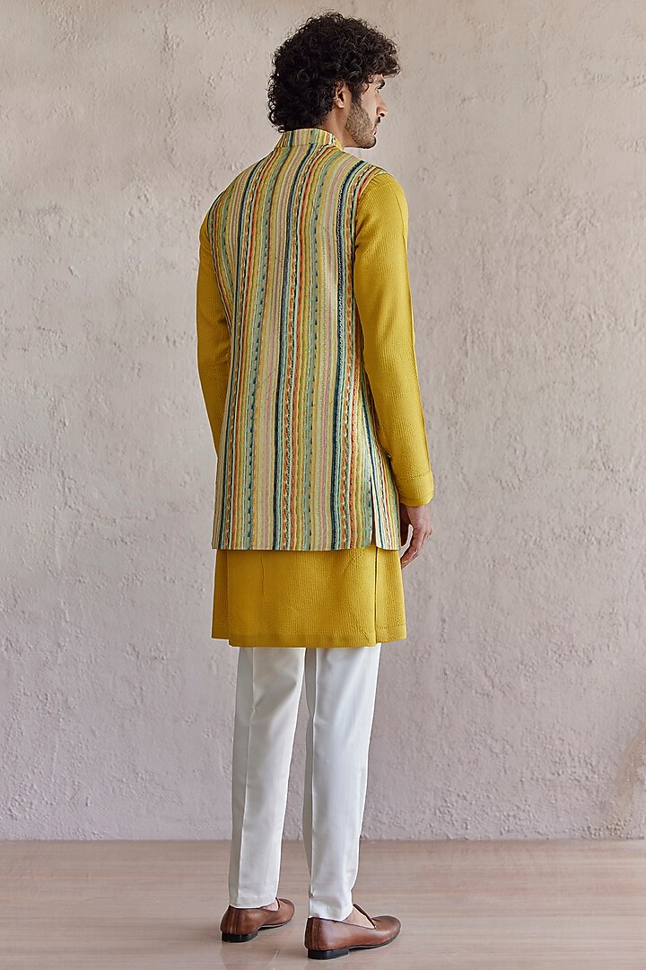 Mustard Cotton Matka Panelled Nehru Jacket Set by Qbik Men at Pernia's Pop Up Shop