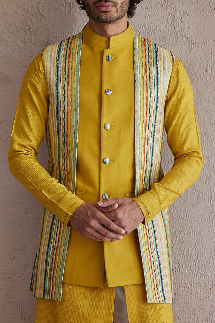 Mustard Cotton Matka Panelled Nehru Jacket Set by Qbik Men at Pernia's Pop Up Shop