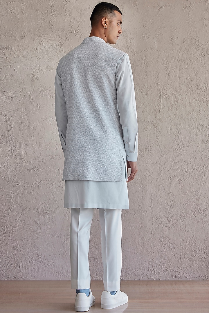 Powder Blue Silk Embroidered Front Open Wedding Indowestern Jacket Set by Qbik Men at Pernia's Pop Up Shop