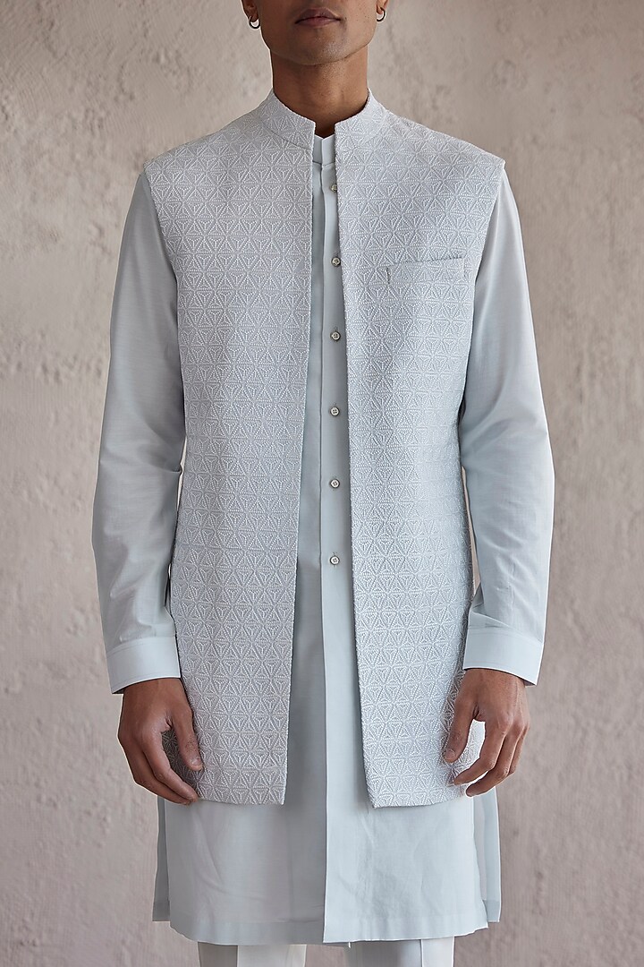 Powder Blue Silk Embroidered Front Open Wedding Indowestern Jacket Set by Qbik Men at Pernia's Pop Up Shop
