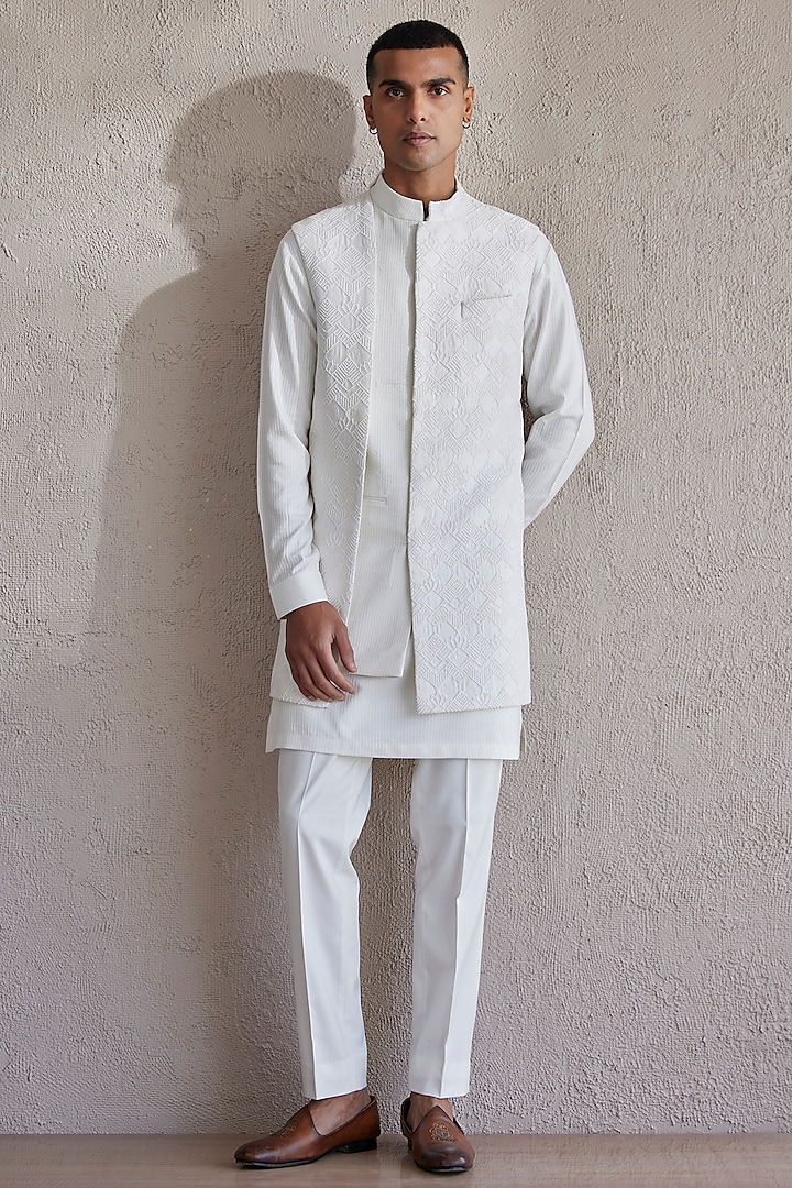 Ivory Silk Embroidered Front Open Indowestern Jacket Set by Qbik Men