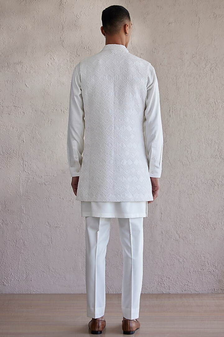Ivory Silk Embroidered Front Open Wedding Indowestern Jacket Set by Qbik Men at Pernia's Pop Up Shop