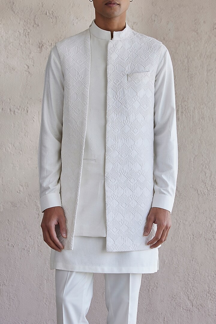 Ivory Silk Embroidered Front Open Wedding Indowestern Jacket Set by Qbik Men at Pernia's Pop Up Shop