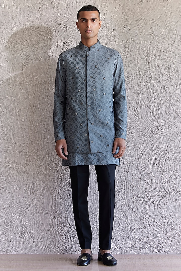 Grey Cotton Jacquard Embroidered Indowestern Jacket Set by Qbik Men