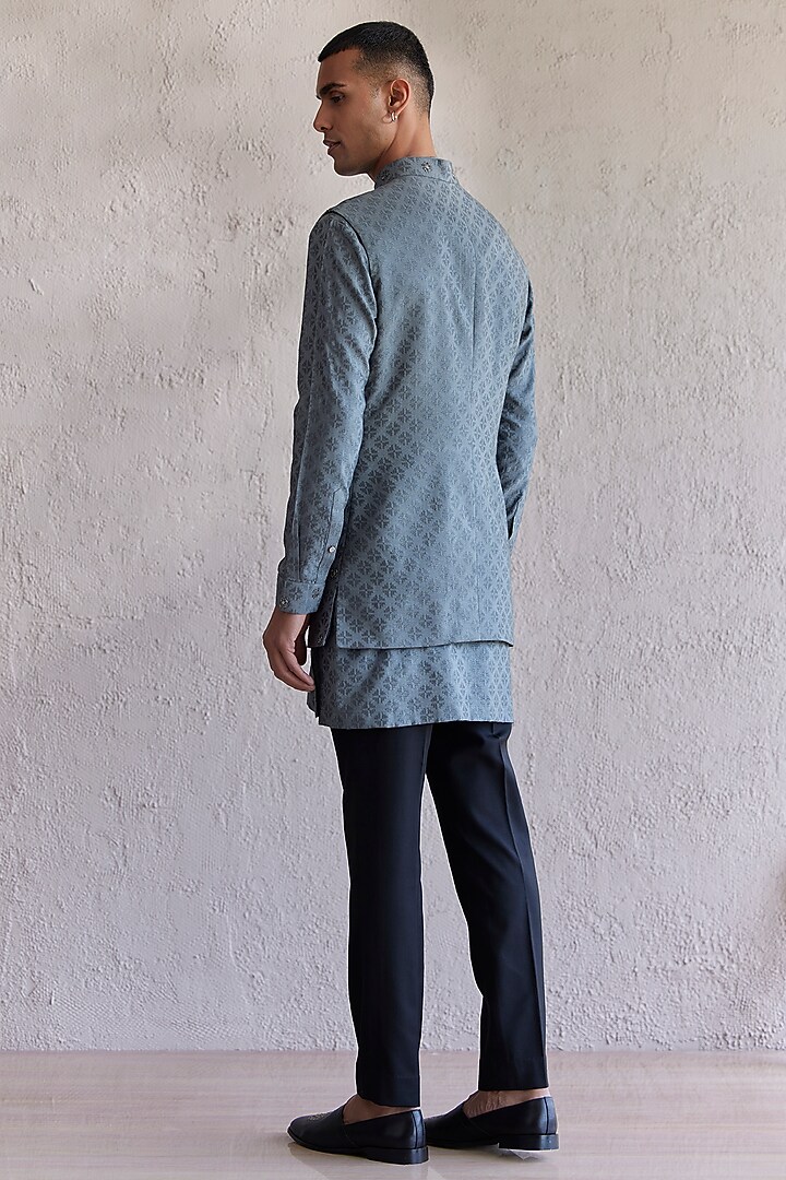 Grey Cotton Jacquard Embroidered Wedding Indowestern Jacket Set by Qbik Men at Pernia's Pop Up Shop
