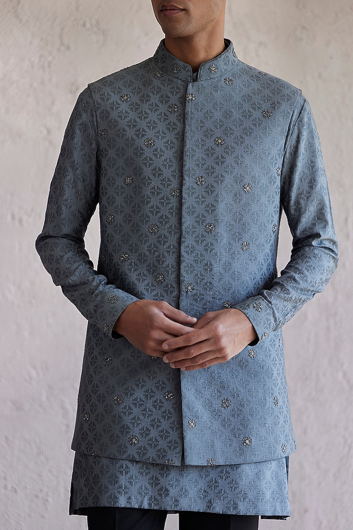 Grey Cotton Jacquard Embroidered Wedding Indowestern Jacket Set by Qbik Men at Pernia's Pop Up Shop