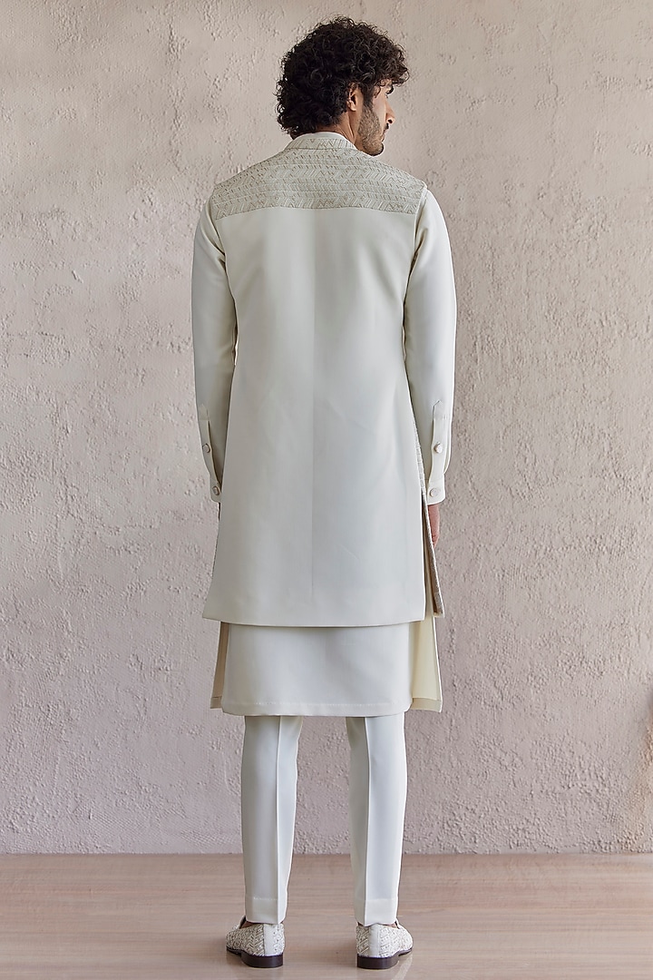 Ivory Viscose Wool Embroidered Wedding Indowestern Jacket Set by Qbik Men at Pernia's Pop Up Shop