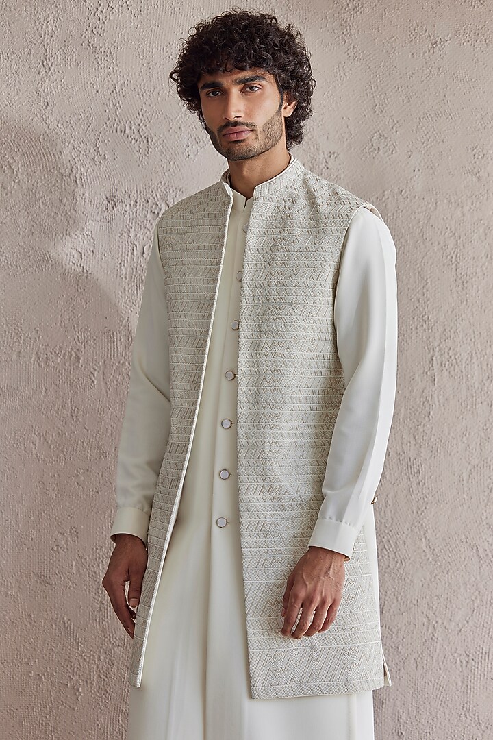 Ivory Viscose Wool Embroidered Wedding Indowestern Jacket Set by Qbik Men at Pernia's Pop Up Shop
