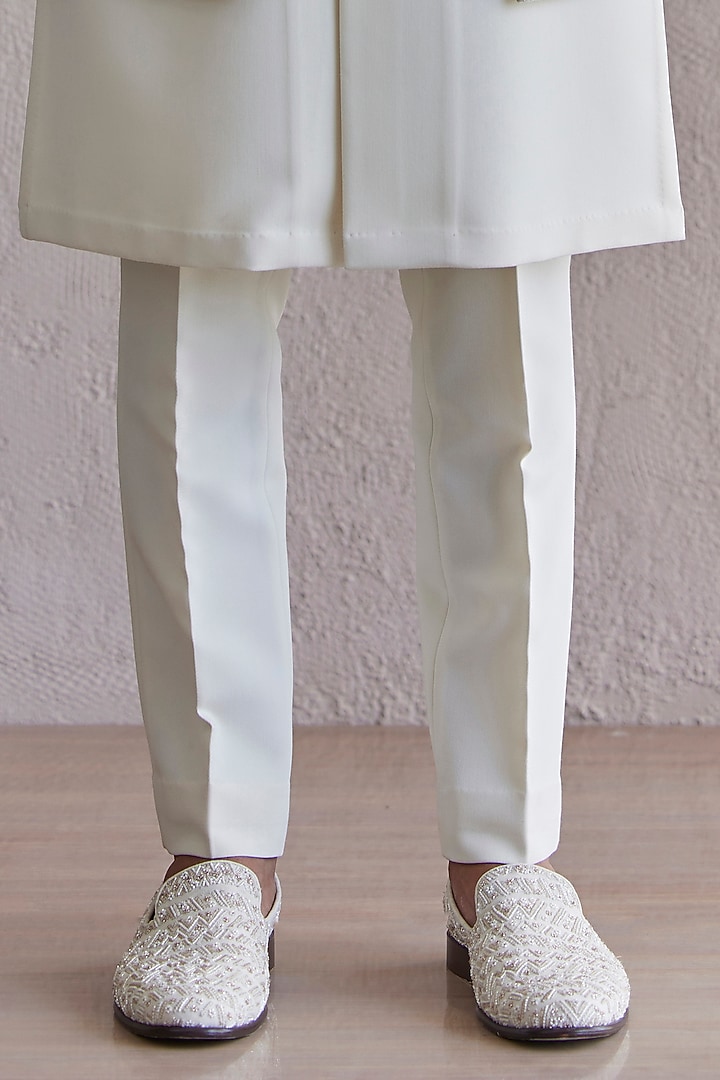 Ivory Viscose Wool Embroidered Wedding Indowestern Jacket Set by Qbik Men at Pernia's Pop Up Shop