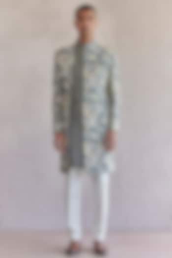 Grey Silk Embroidered Indowestern Set by Qbik Men