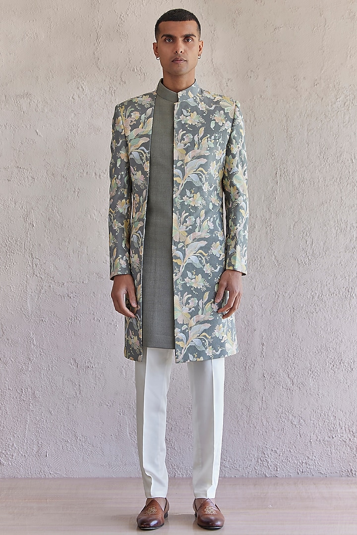 Grey Silk Embroidered Indowestern Set by Qbik Men