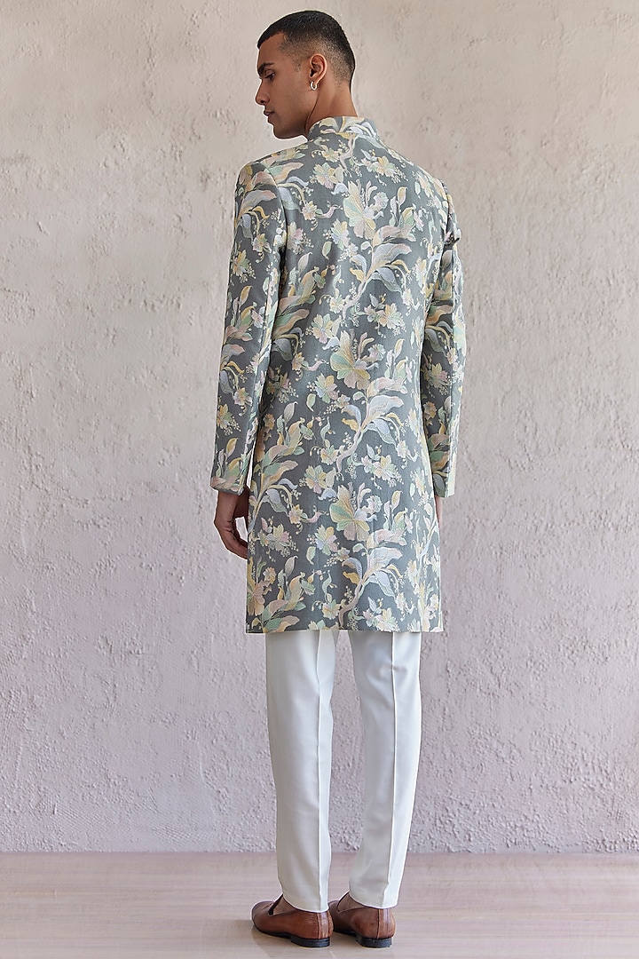 Grey Silk Embroidered Wedding Indowestern Set by Qbik Men at Pernia's Pop Up Shop