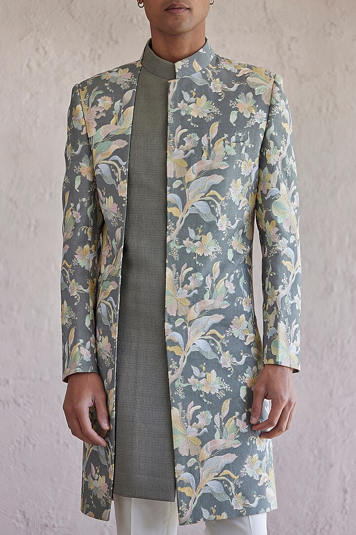 Grey Silk Embroidered Wedding Indowestern Set by Qbik Men at Pernia's Pop Up Shop