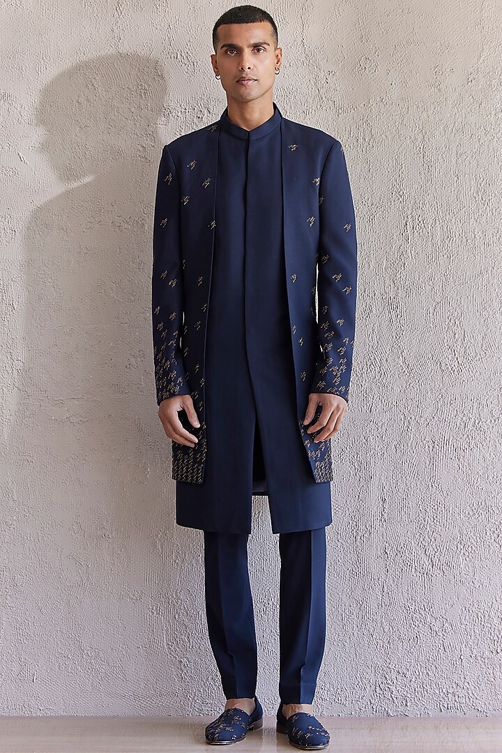 Navy Blue Viscose Wool Embroidered Indowestern Set by Qbik Men
