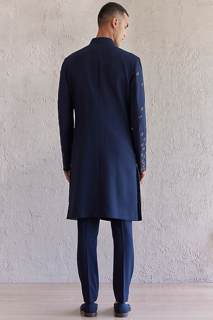 Navy Blue Viscose Wool Embroidered Groom Indowestern Set by Qbik Men at Pernia's Pop Up Shop