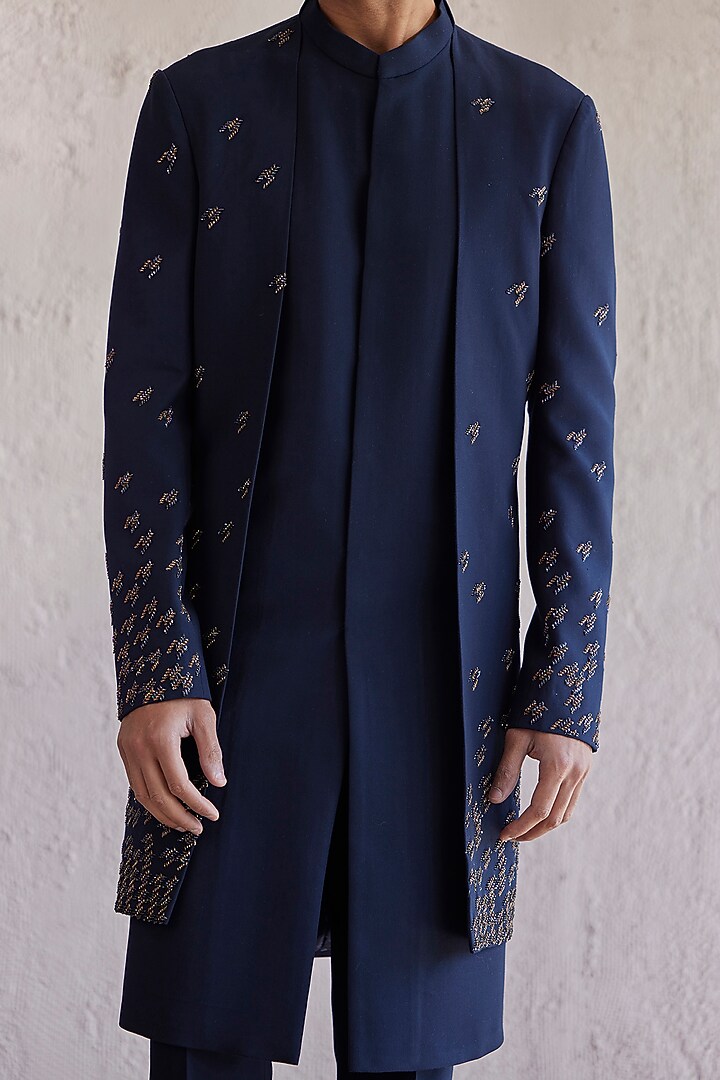 Navy Blue Viscose Wool Embroidered Groom Indowestern Set by Qbik Men at Pernia's Pop Up Shop